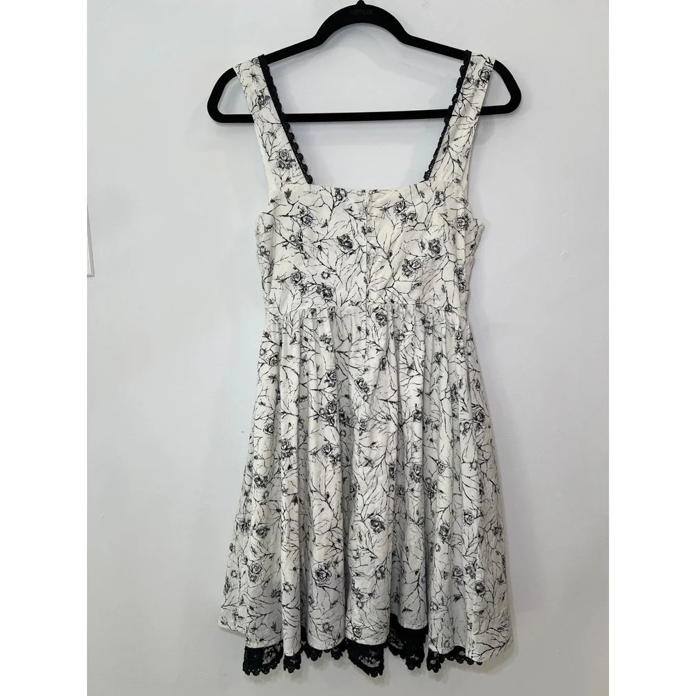 Y2K Skater‎ Dress Whimsigoth Spider Floral White Black Lace Trim Cottagecore M